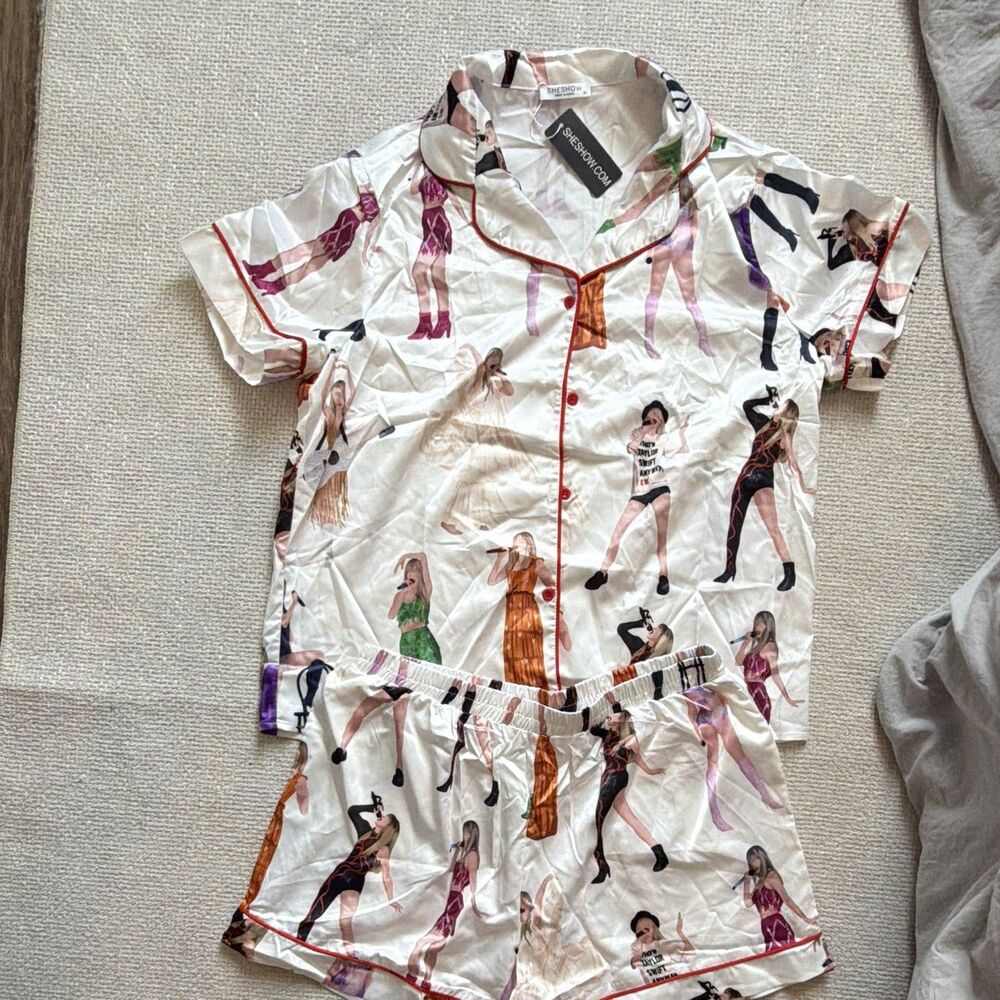 SHESHOW Taylor Swift Eras Tour Satin Pajama Set Button Down Top Shorts Womens M
